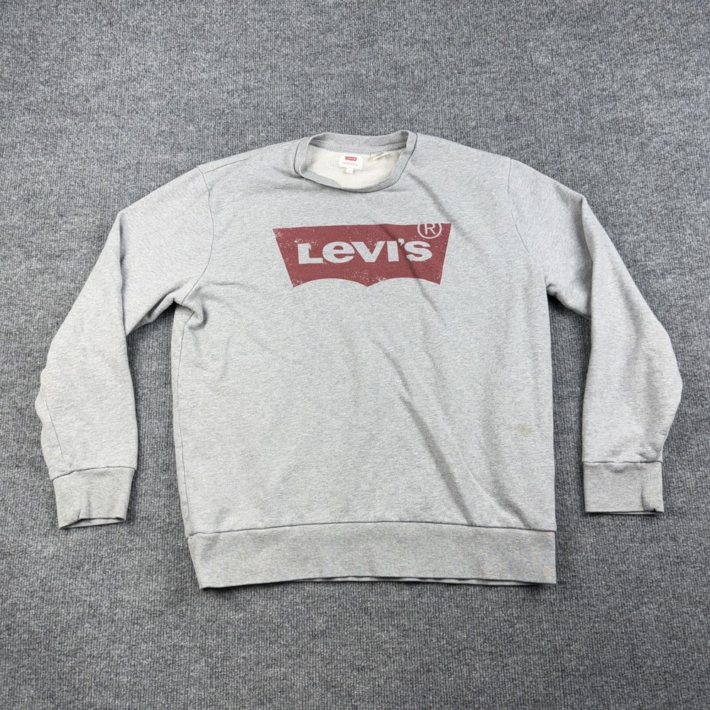Levis Sweatshirt Mens Large Gray Fleece Crewneck Pullover Batwing Logo Graphic
